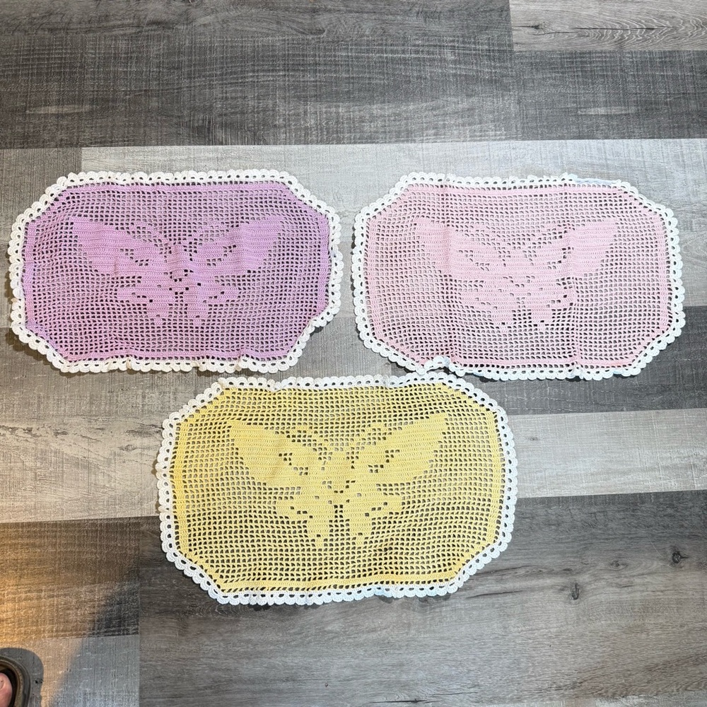 3 Handmade Crochet  Butterfly Or Bumble Bee Doily Doilies Pastel Colors